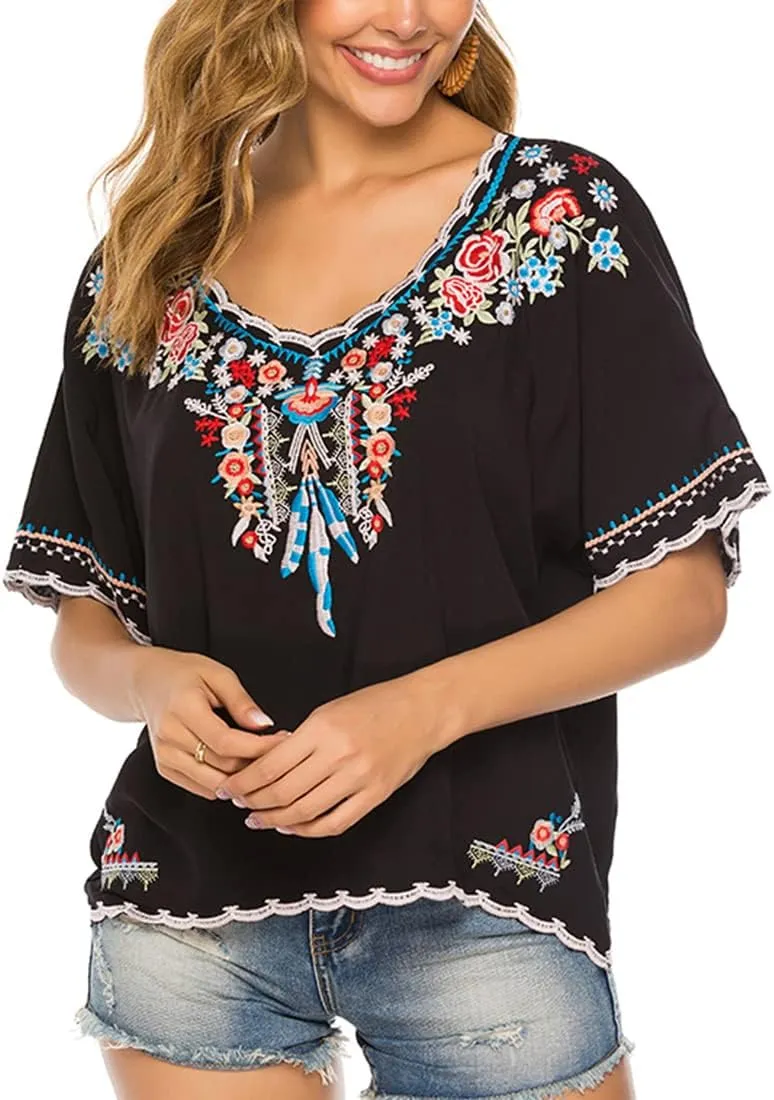 AK Women's Summer Casual Tops Boho Embroidery Mexican Bohemian Tops Shirt Tunic Blouses