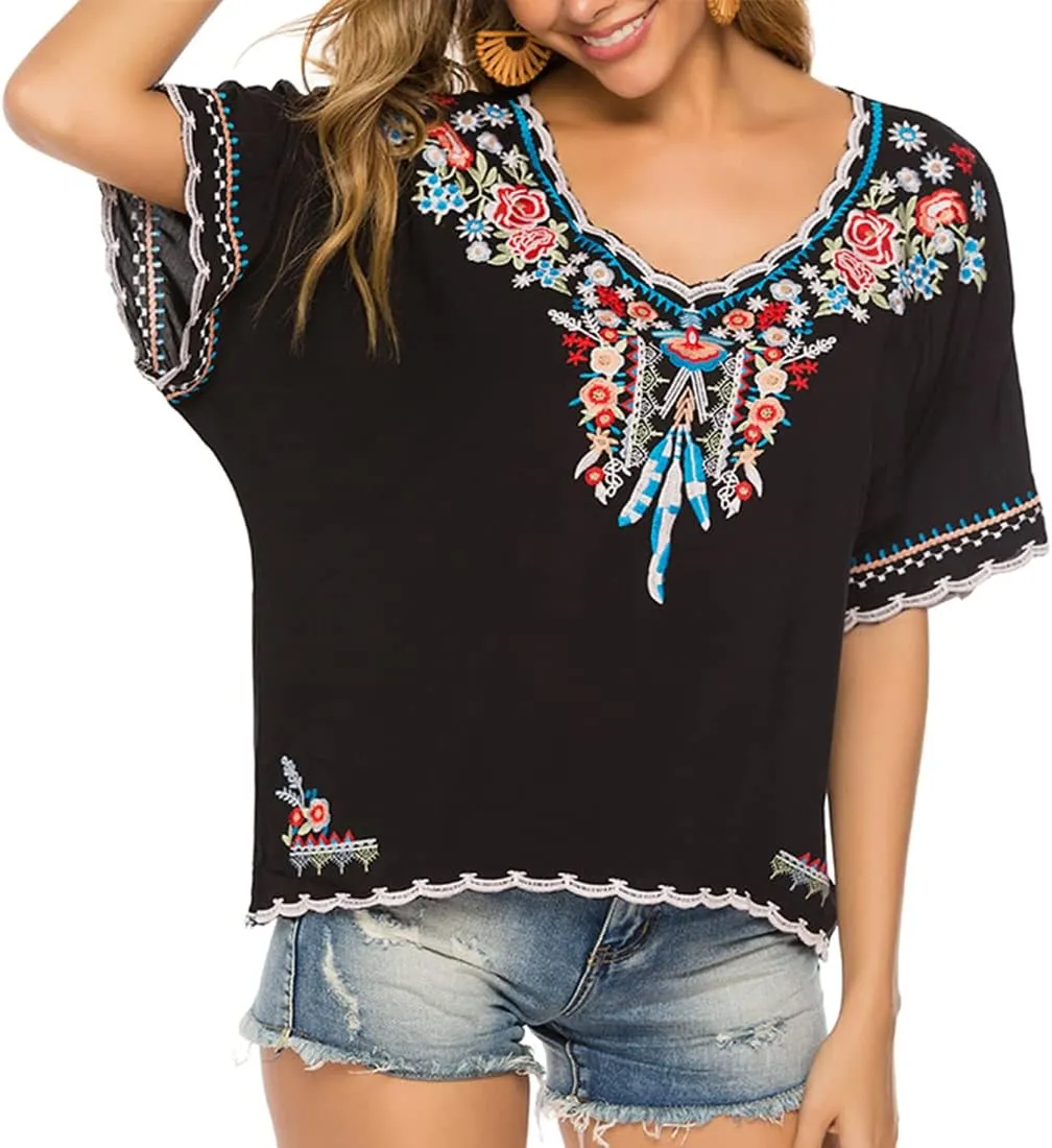 AK Women's Summer Casual Tops Boho Embroidery Mexican Bohemian Tops Shirt Tunic Blouses