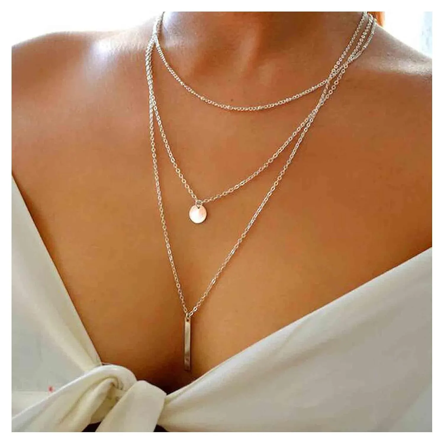 Andelaisi Boho Coin Necklace Choker Layered Metal Bar Pendant Necklace Silver Long Necklaces Chain Vintage Coin Disc Choker Necklace Jewelry for Women