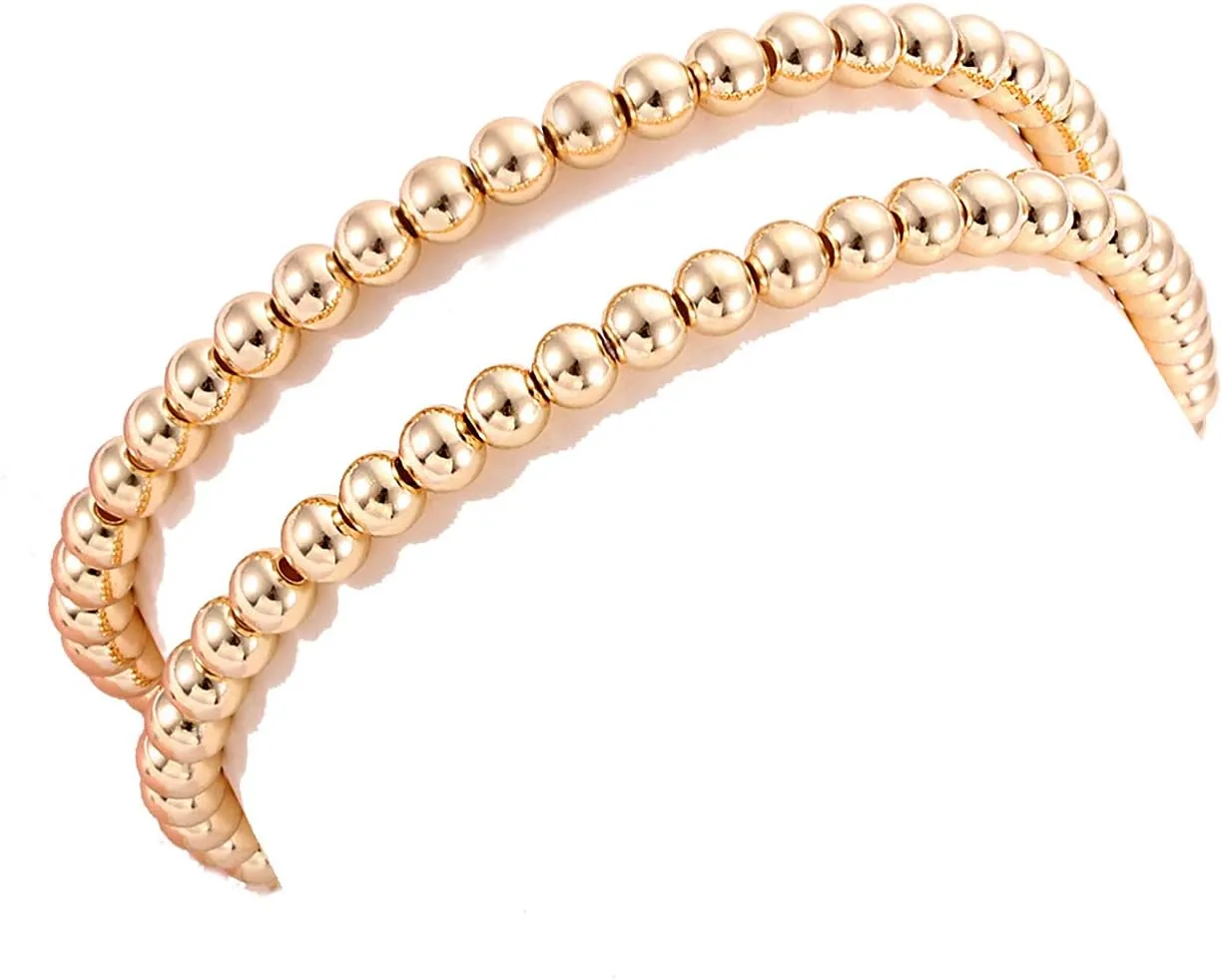 ANGLESJELL Gold Bead Bracelets for Women Brass Bead Ball Chain Bracelets Bangles Stackable Beaded Stretch Bracelet Set for Men Birthday Party Holiday Gifts