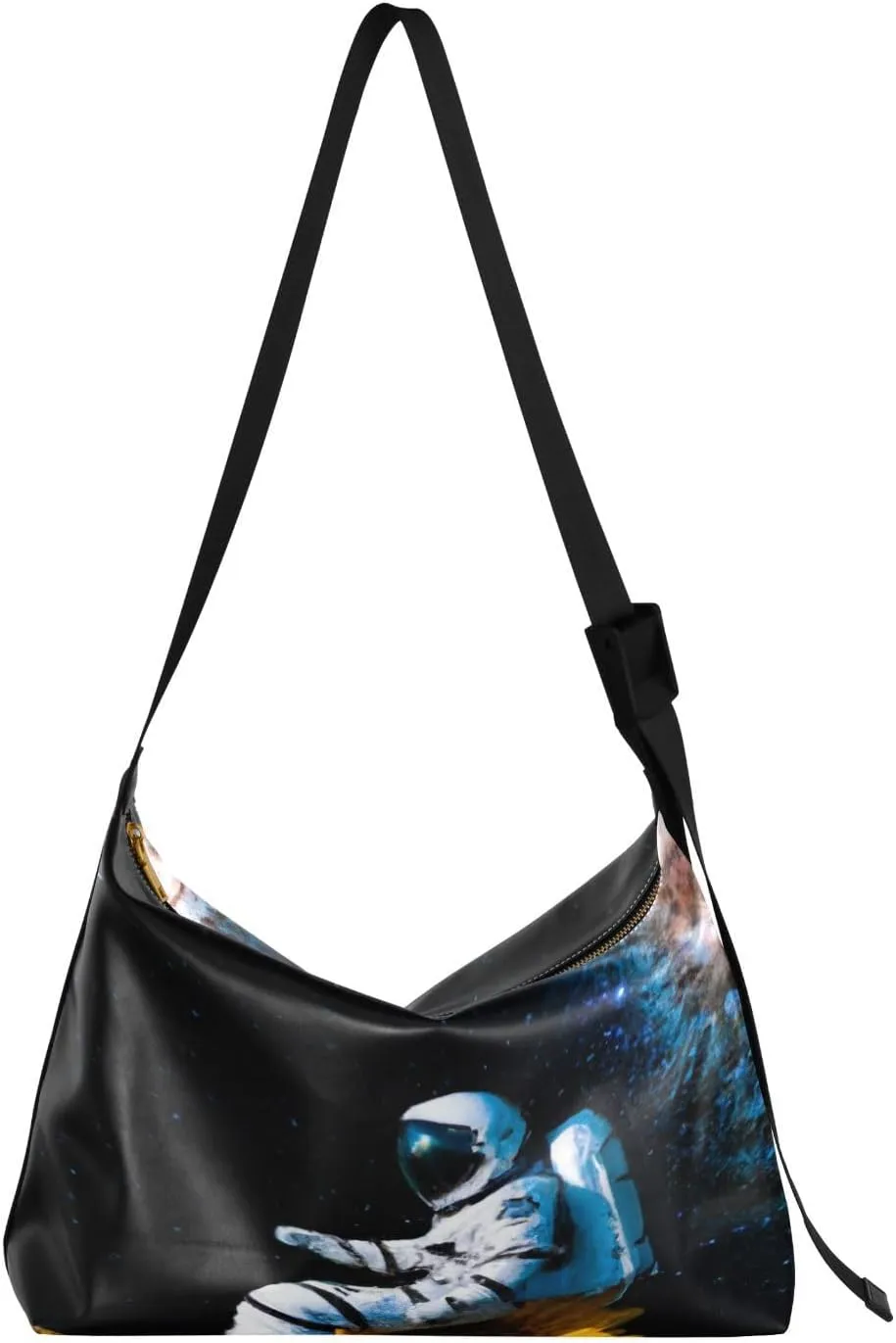 Astronaut Sitting on Sunflower Hobo Crossbody Bags for Women Leather Large Shoulder Bag Cross Body Galaxy Trendy Womens Tote Bags Handbag for Travel Shopping