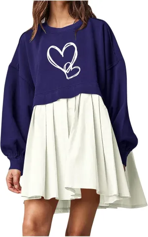 Autumn Dresses for Women 2024 Causal Long Sleeve Patchwork Crewneck Sweatshirt Dress Heart Print Graphic Tee Shirts