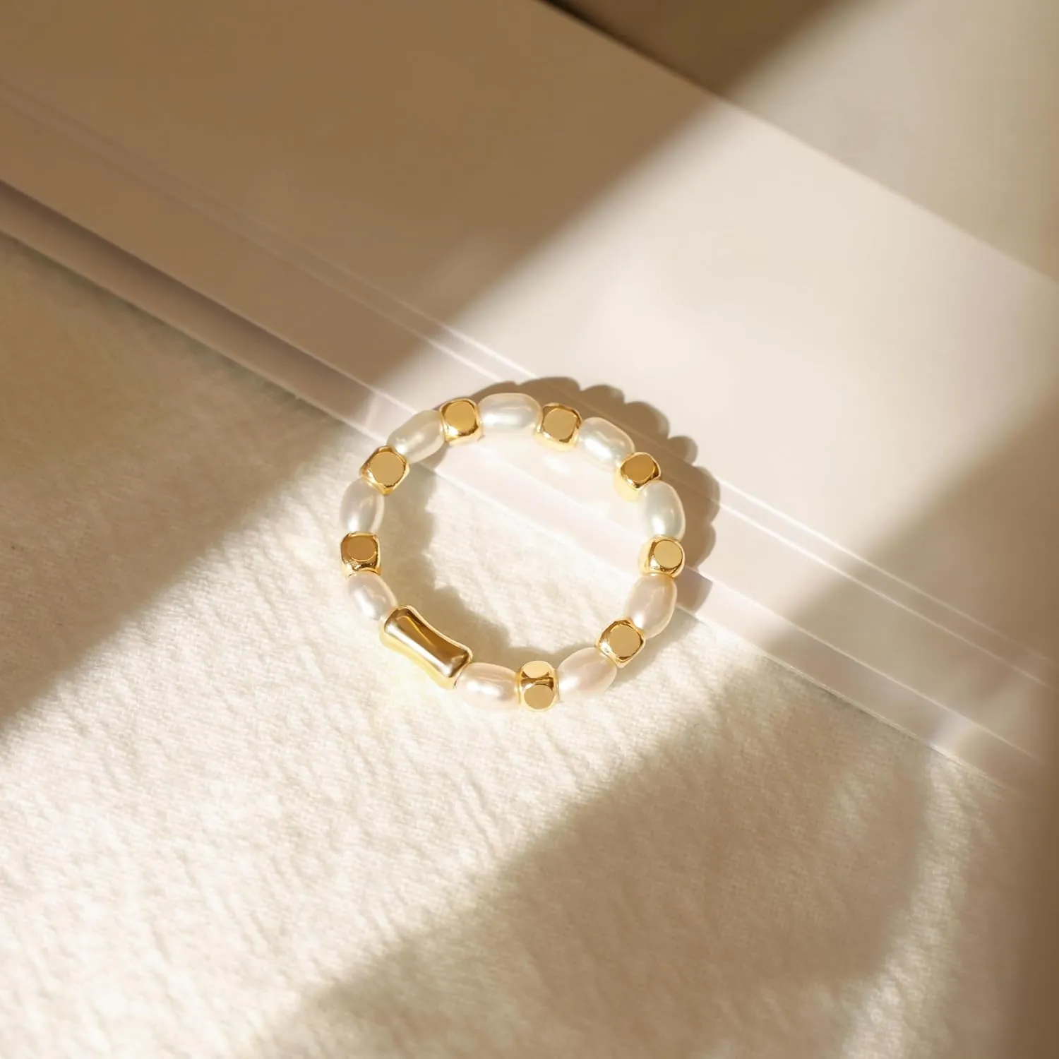 Baroque Pearl Dainty Beaded Rings for Women Stackable Stretch Jewelry Flexible Elastic Gold Cube Ring Sizes 6-9
