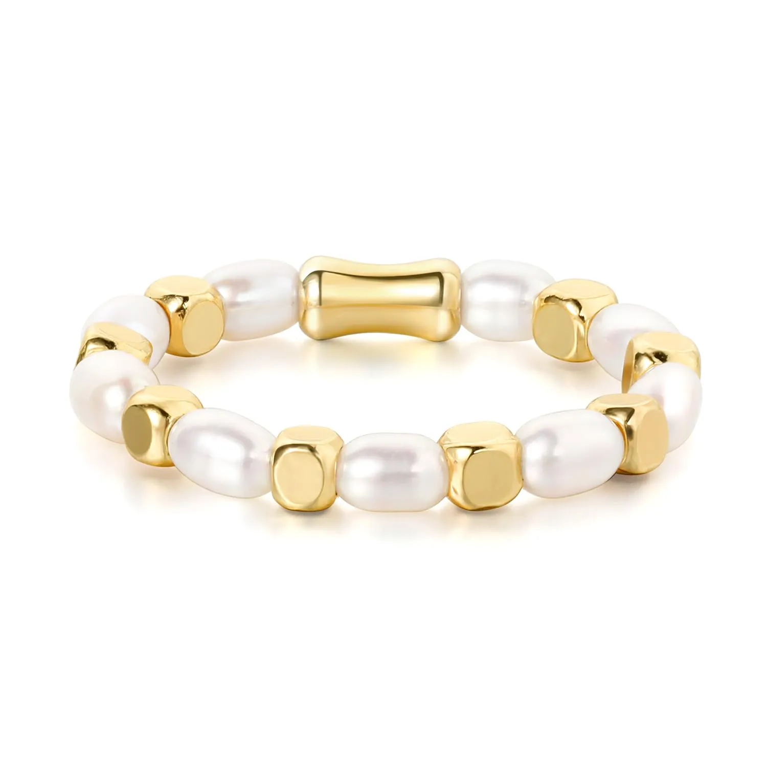 Baroque Pearl Dainty Beaded Rings for Women Stackable Stretch Jewelry Flexible Elastic Gold Cube Ring Sizes 6-9