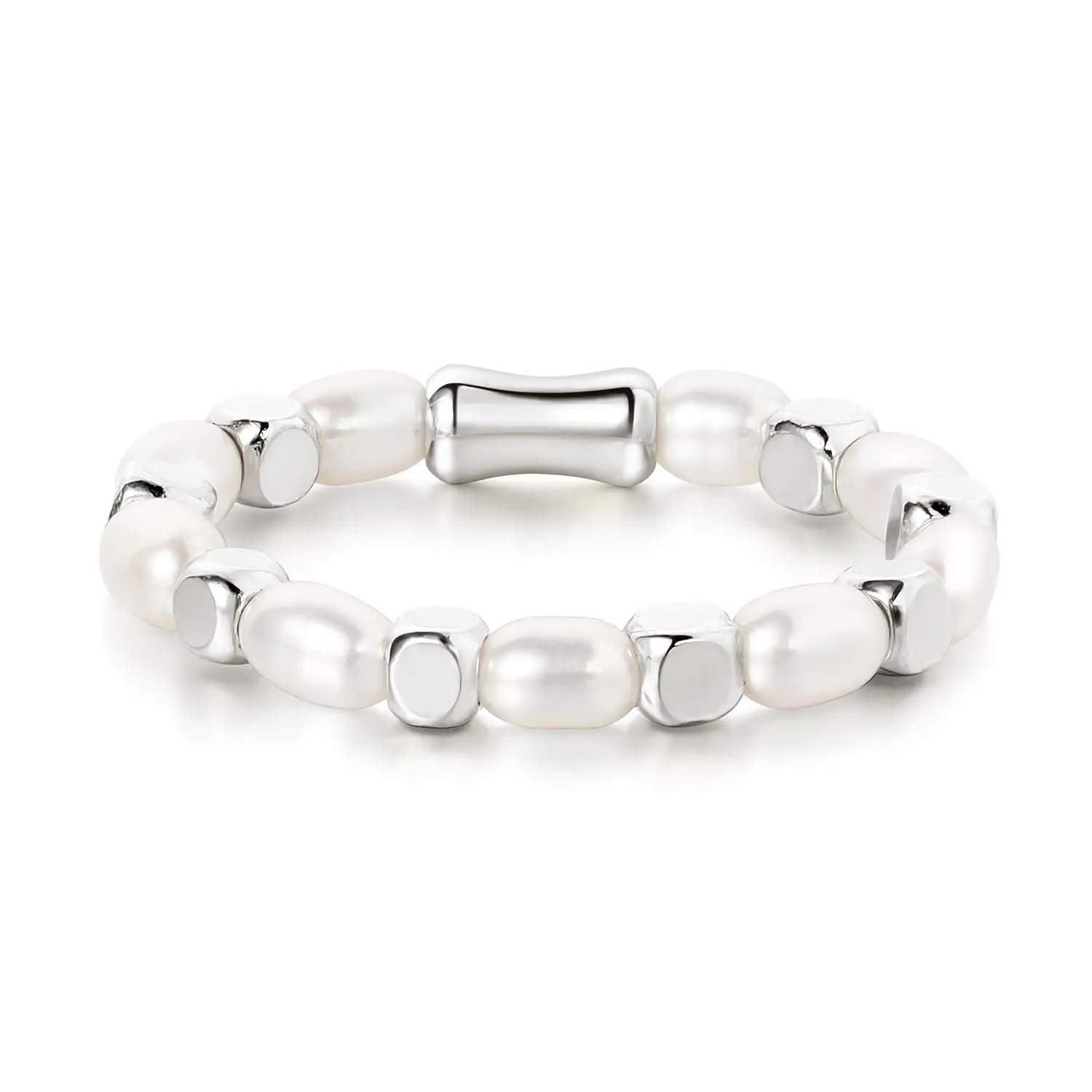 Baroque Pearl Dainty Beaded Rings for Women Stackable Stretch Jewelry Flexible Elastic White Gold Cube Ring Sizes 6-9