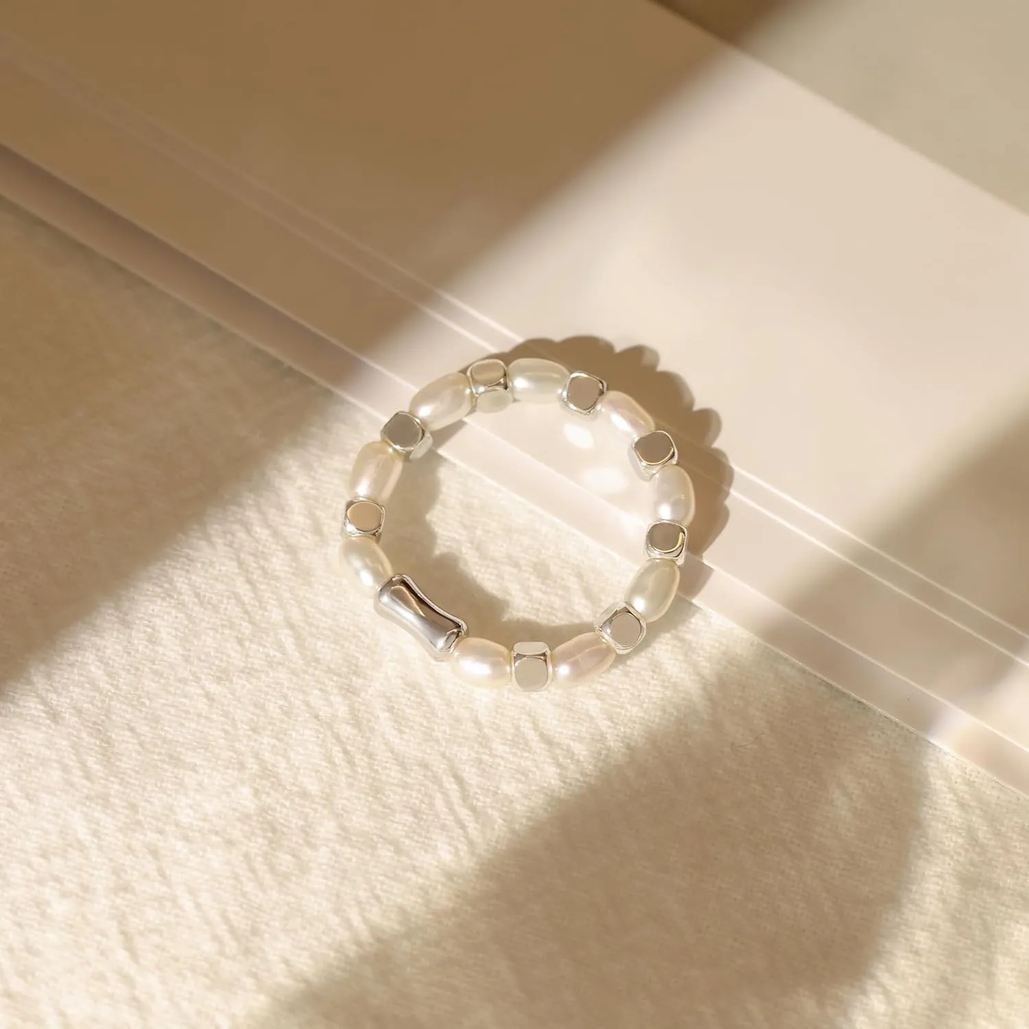 Baroque Pearl Dainty Beaded Rings for Women Stackable Stretch Jewelry Flexible Elastic White Gold Cube Ring Sizes 6-9