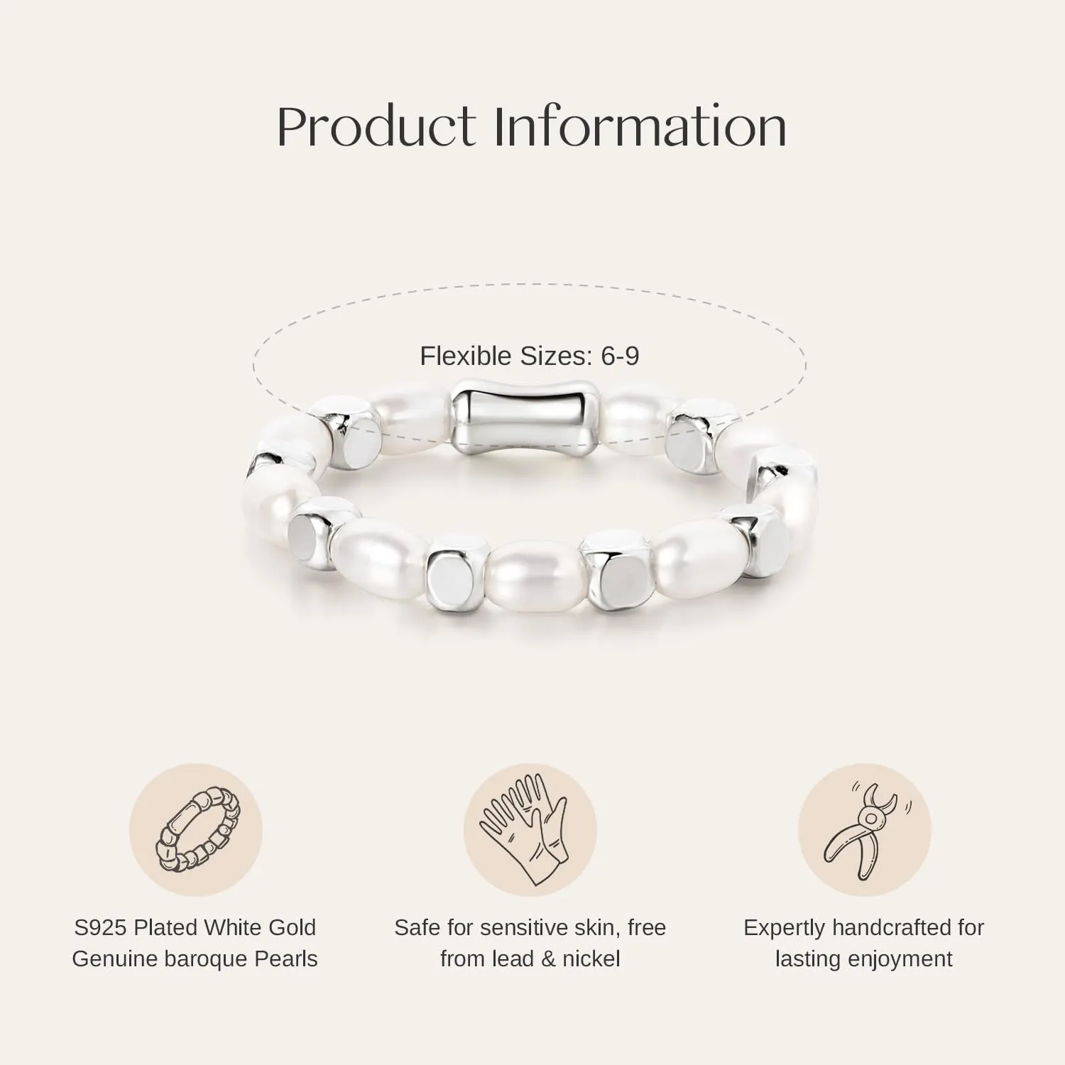 Baroque Pearl Dainty Beaded Rings for Women Stackable Stretch Jewelry Flexible Elastic White Gold Cube Ring Sizes 6-9