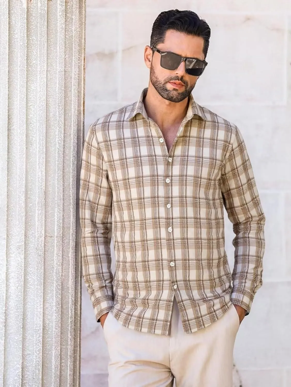 BAYAMO Men's Button-Down Plaid Shirts Casual Long Sleeve Cotton Linen Shirts for Men Fashion Business Shirt