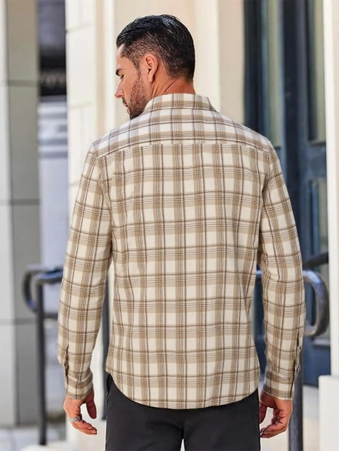 BAYAMO Men's Button-Down Plaid Shirts Casual Long Sleeve Cotton Linen Shirts for Men Fashion Business Shirt