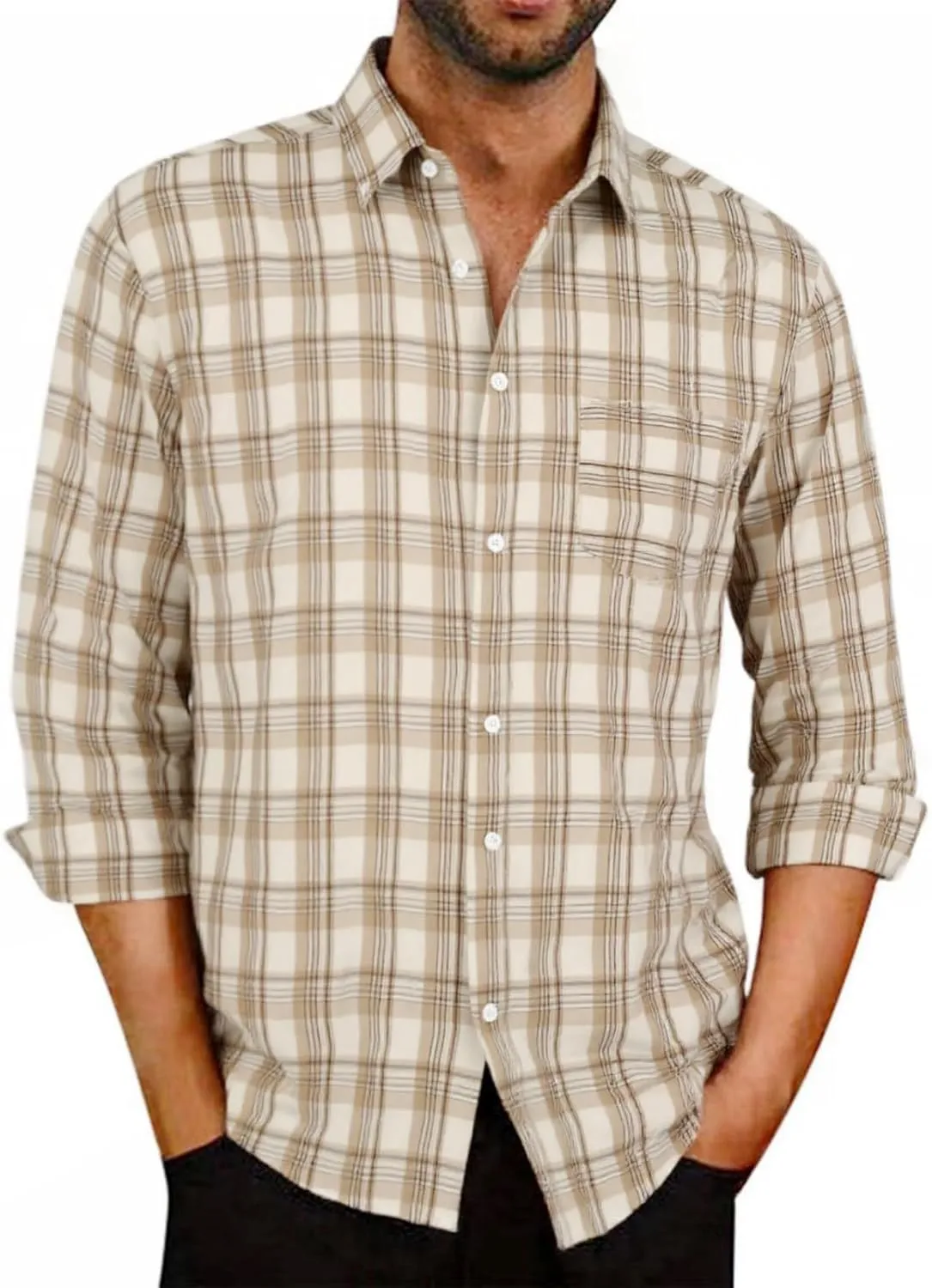 BAYAMO Men's Button-Down Plaid Shirts Casual Long Sleeve Cotton Linen Shirts for Men Fashion Business Shirt