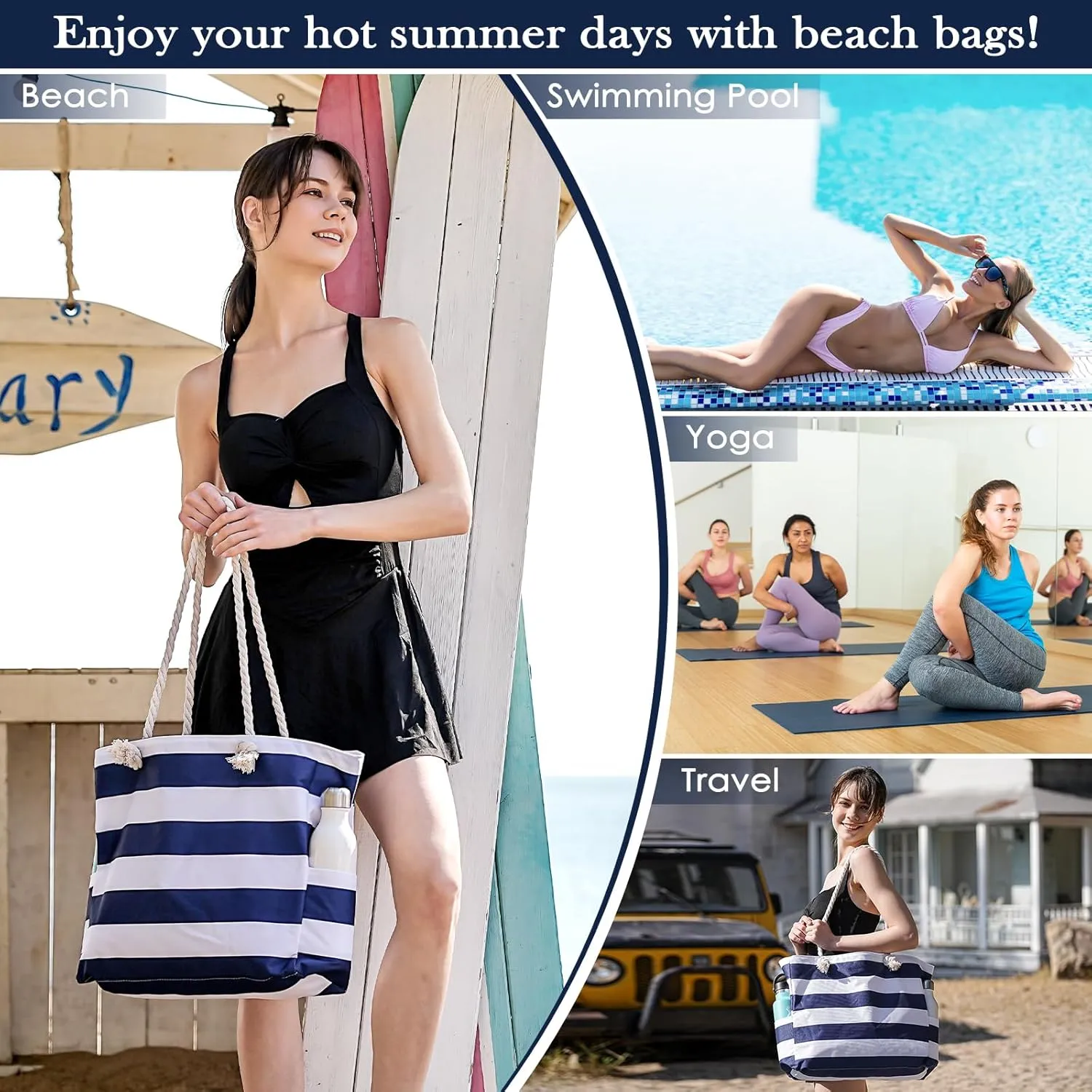 Beach Bags For Women - Large Beach Bags with Zipper Waterproof Sandproof Swim Pool Beach Bag