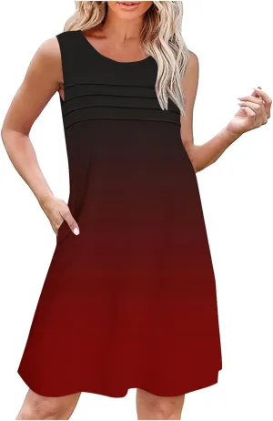 Beach Dress for Women Casual Sleeveless Gradient Color Sundress Loose Fit Round Neck Pleated Vacation Dresses