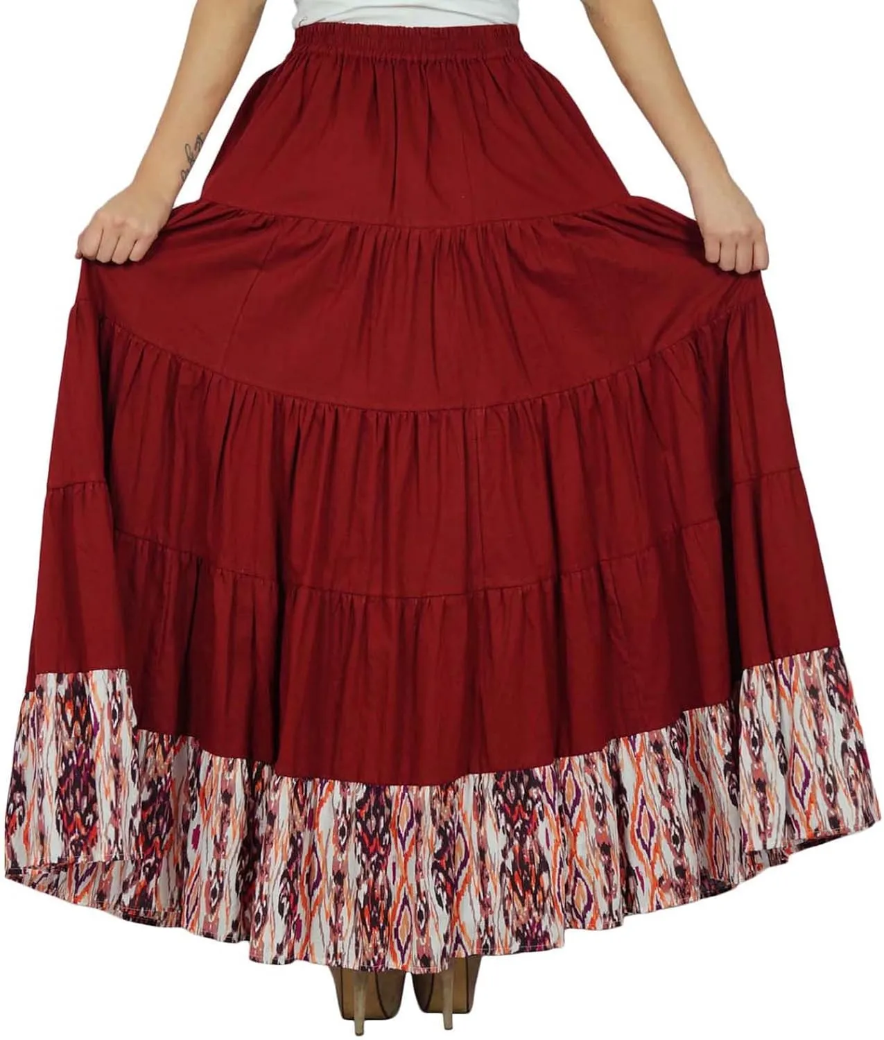 Bimba Womens Long Flaired Cotton Skirt Maroon Maxi Bottoms Elastic Waist
