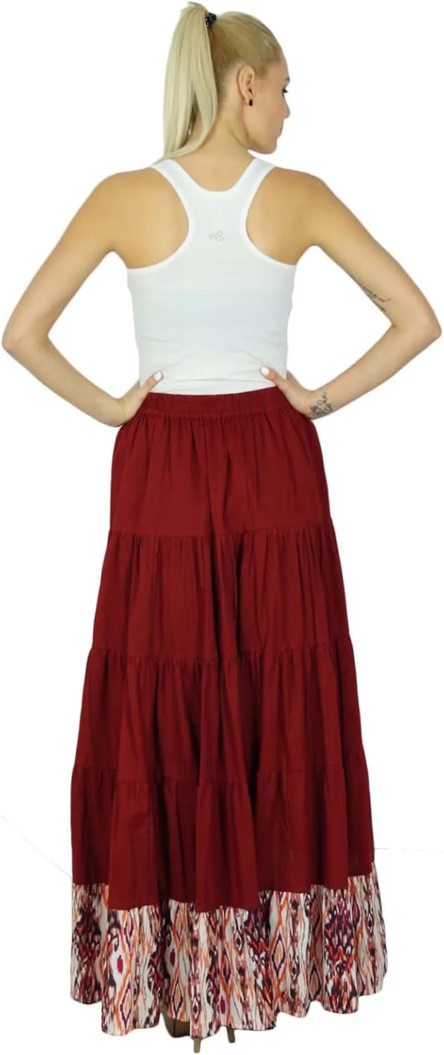 Bimba Womens Long Flaired Cotton Skirt Maroon Maxi Bottoms Elastic Waist