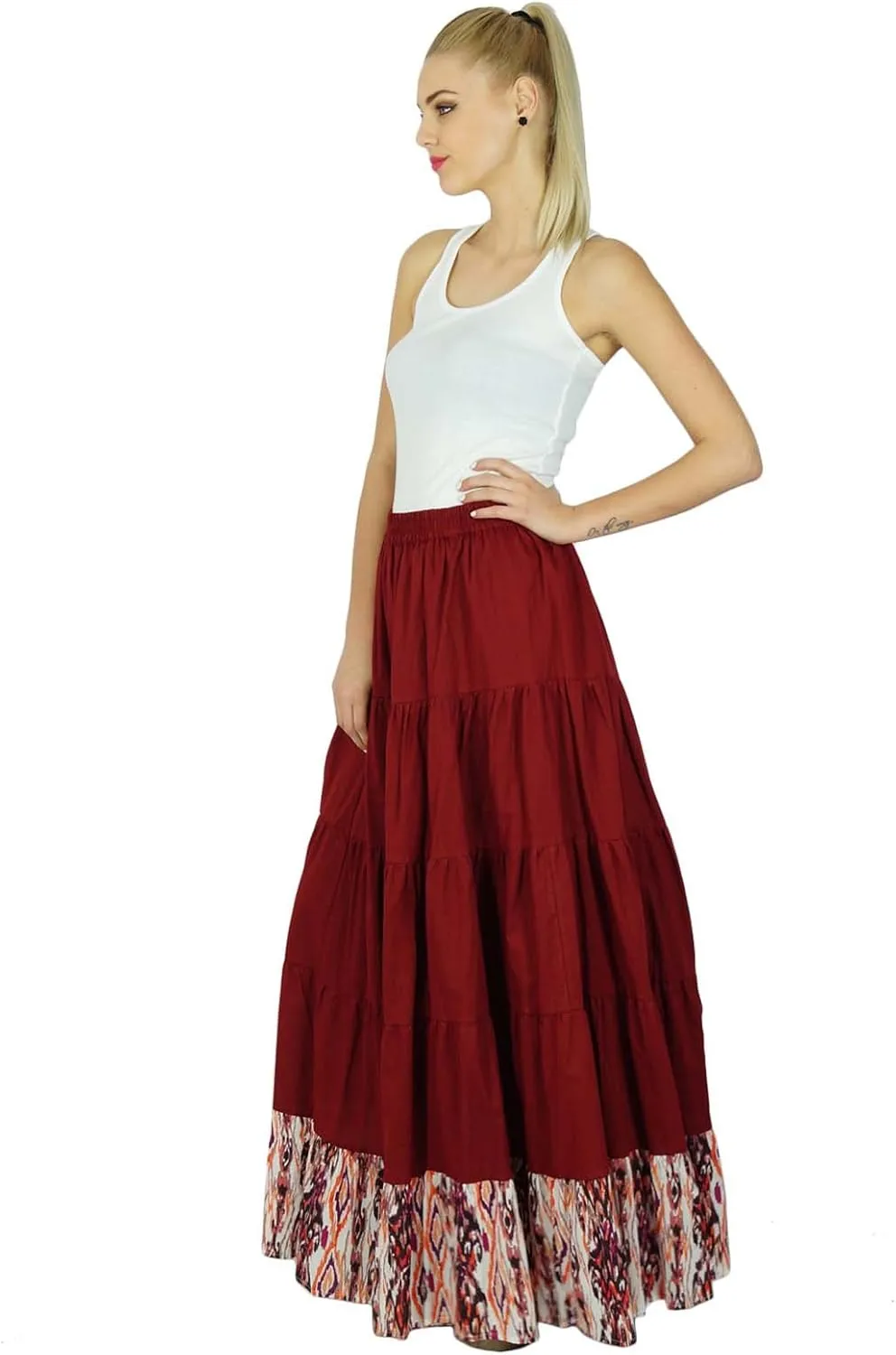 Bimba Womens Long Flaired Cotton Skirt Maroon Maxi Bottoms Elastic Waist