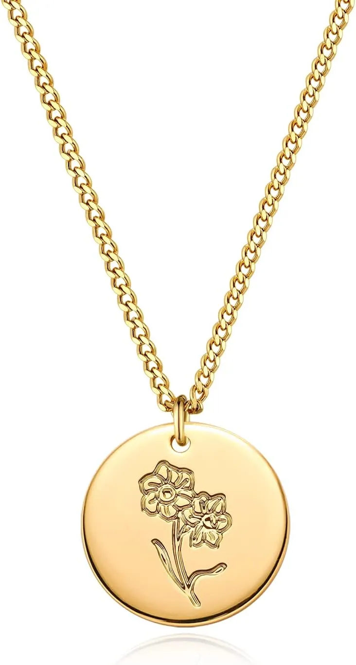 Birth Flower Necklace 18K Gold Plated Necklaces for Women Disc Cuban Birthday Gold Jewelry Gifts for Women 12 Month
