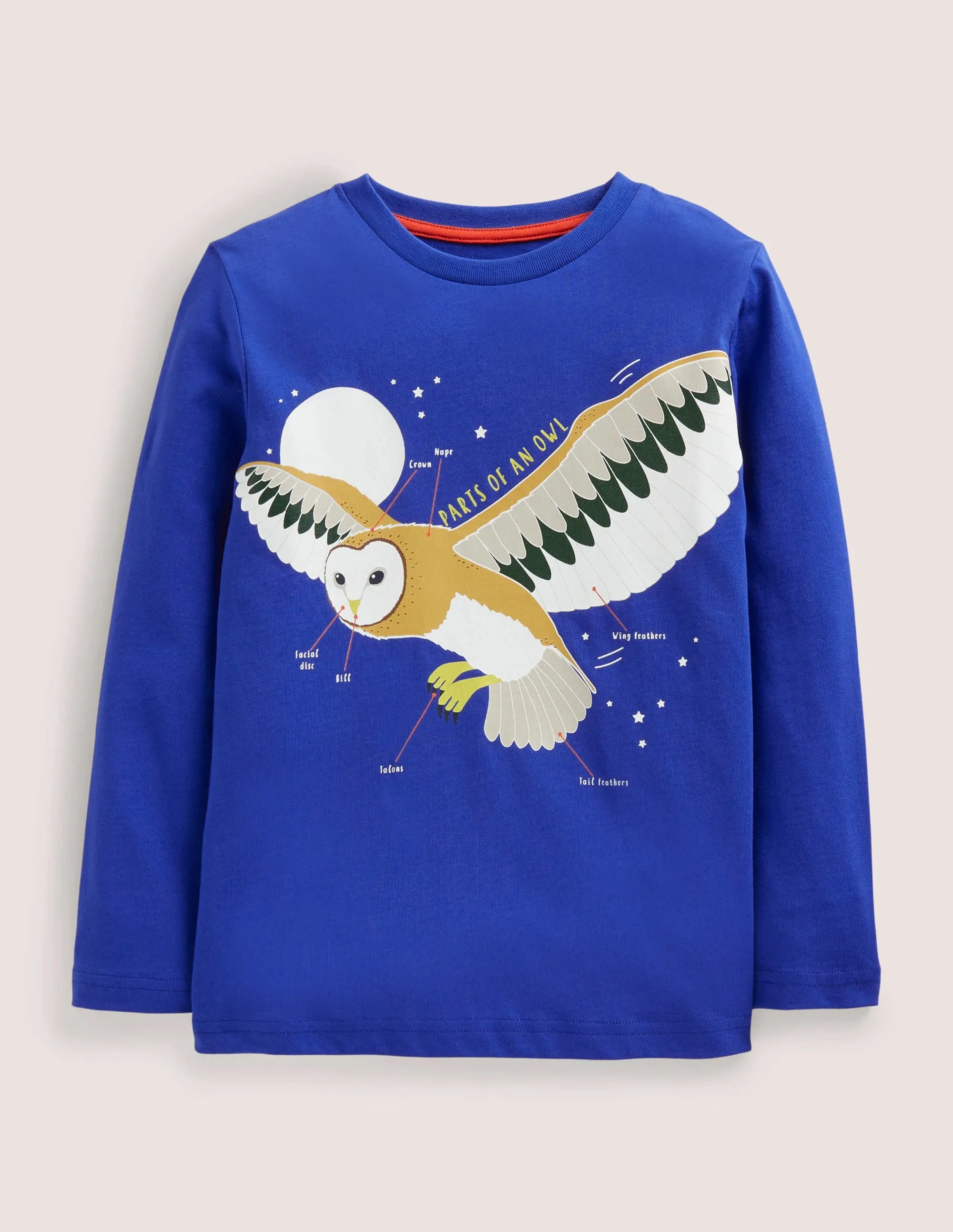 Blue Owl Print Long-Sleeved T-shirt-Brilliant Blue Owl