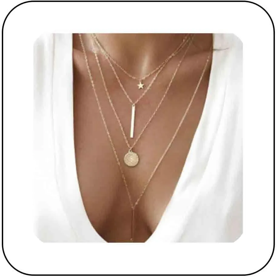 Bohemia Layered Gold Necklace Choker Vertical Bar Pendant Necklace Multi layer Bar Disc Necklace Long Bar Necklace Chain Vintage Geometric Necklace Jewelry for Women