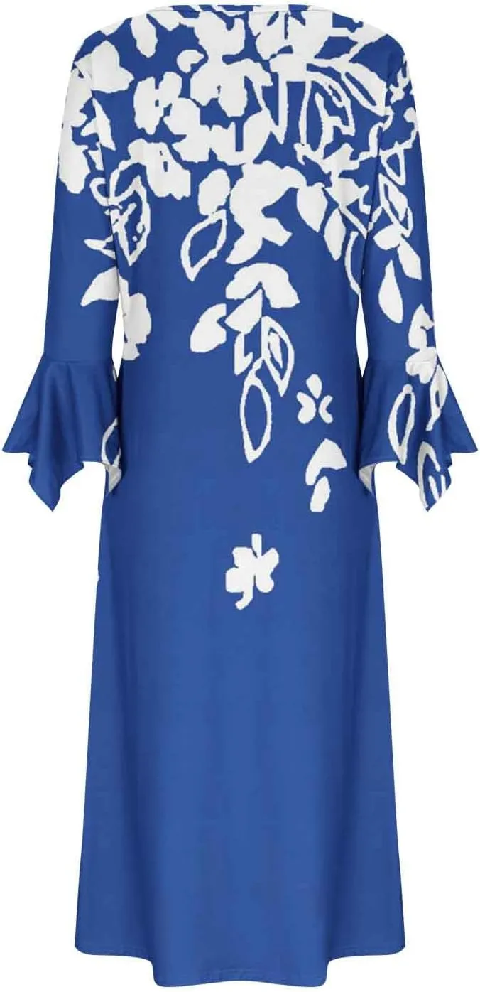 Bohemian Dress for Women Vintage Long Sleeve Floral Print Causal Maxi Dresses Causal Loose Bohemian Button Down Dress