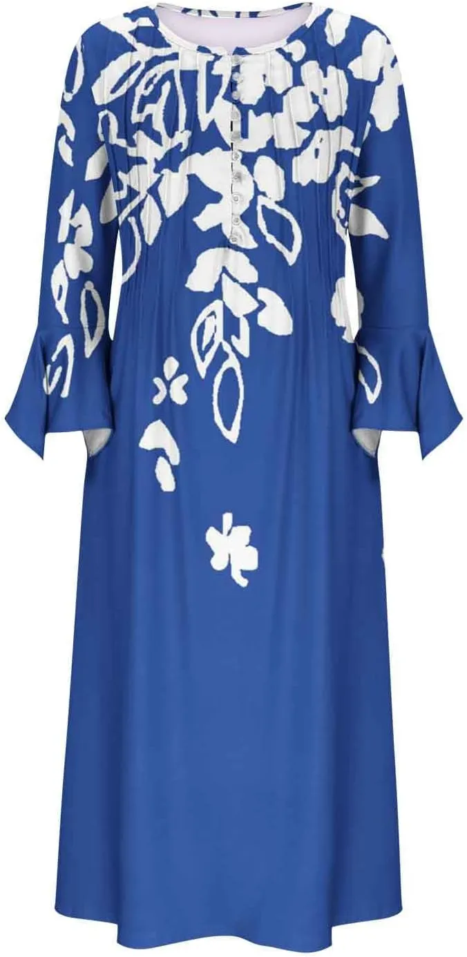 Bohemian Dress for Women Vintage Long Sleeve Floral Print Causal Maxi Dresses Causal Loose Bohemian Button Down Dress
