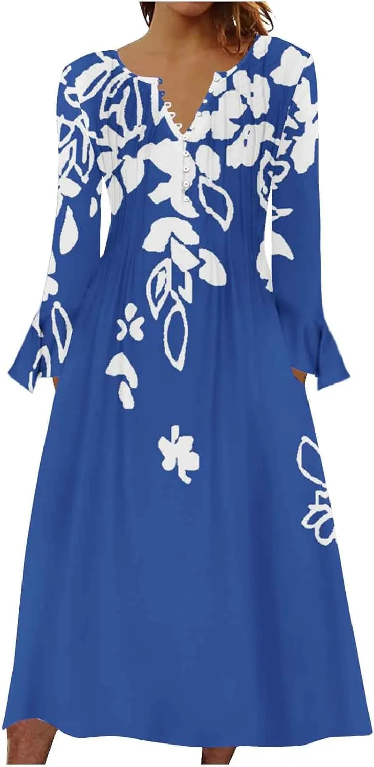 Bohemian Dress for Women Vintage Long Sleeve Floral Print Causal Maxi Dresses Causal Loose Bohemian Button Down Dress