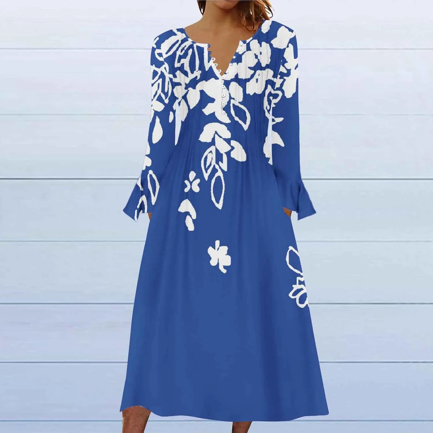 Bohemian Dress for Women Vintage Long Sleeve Floral Print Causal Maxi Dresses Causal Loose Bohemian Button Down Dress
