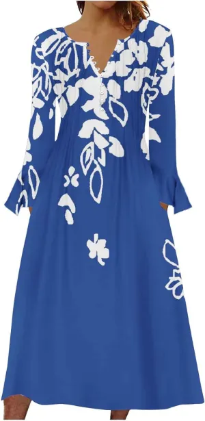 Bohemian Dress for Women Vintage Long Sleeve Floral Print Causal Maxi Dresses Causal Loose Bohemian Button Down Dress