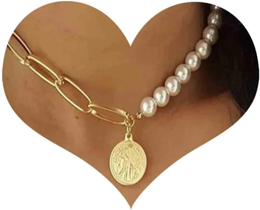 Boho Gold Coin Pendant Necklace Vintage Disc Coin Choker Necklace Paperclip Chain Necklace Half Pearl Chain Necklace Unbalance Coin Necklace Jewelry for Women