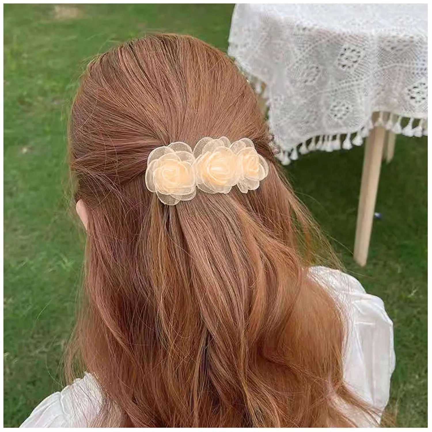 Boho Lace Flower Hairclip Barrette Champagne Flower Hair Clips Retro Camellia Hair Barrette Wedding Bridal Hair Pins Accessory for Women Headdress (Champagne)