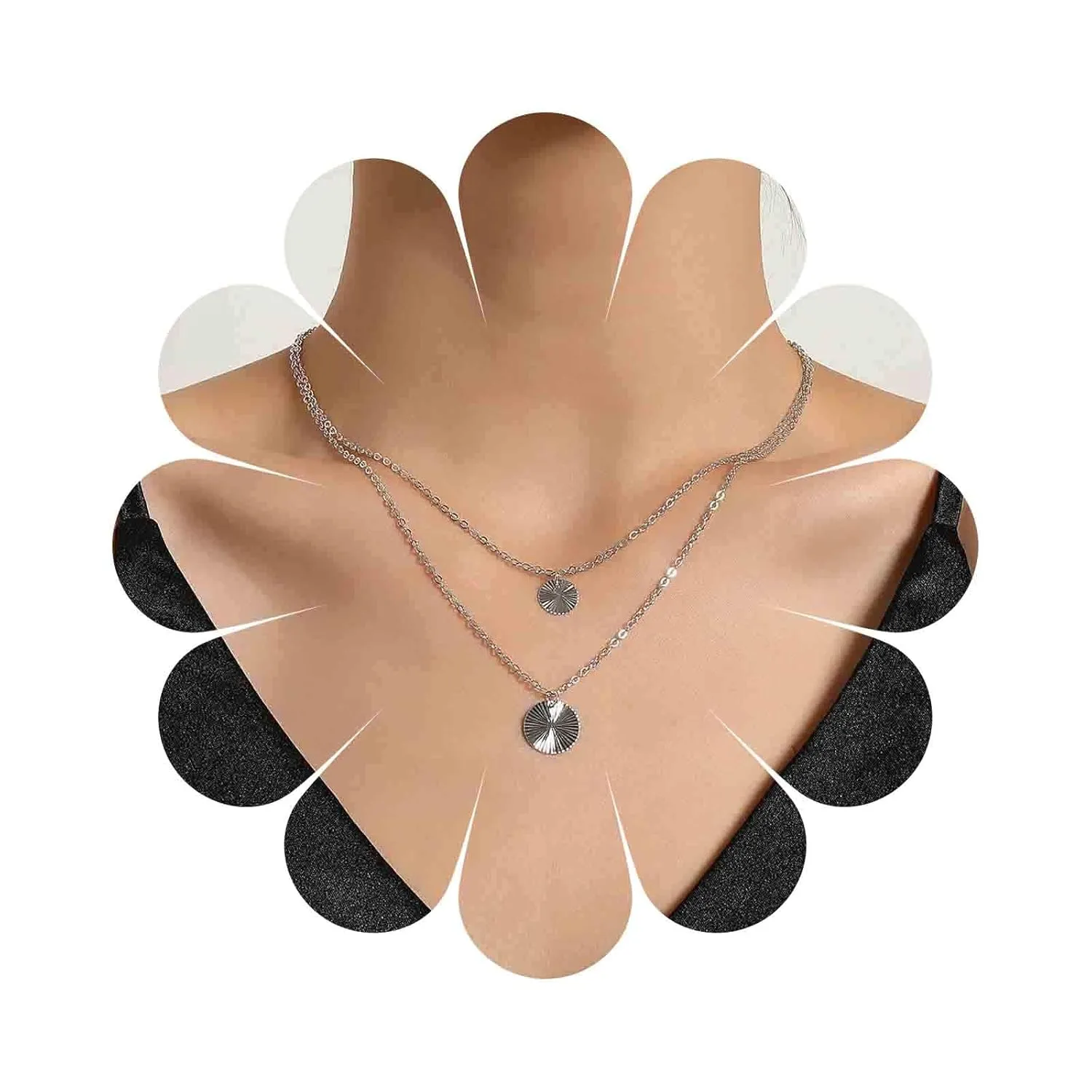 Boho Layered Disc Pendant Necklace Silver Circle Choker Necklace Full Moon Collar Necklace Unbalanced Round Disc Necklace Jewelry for Women