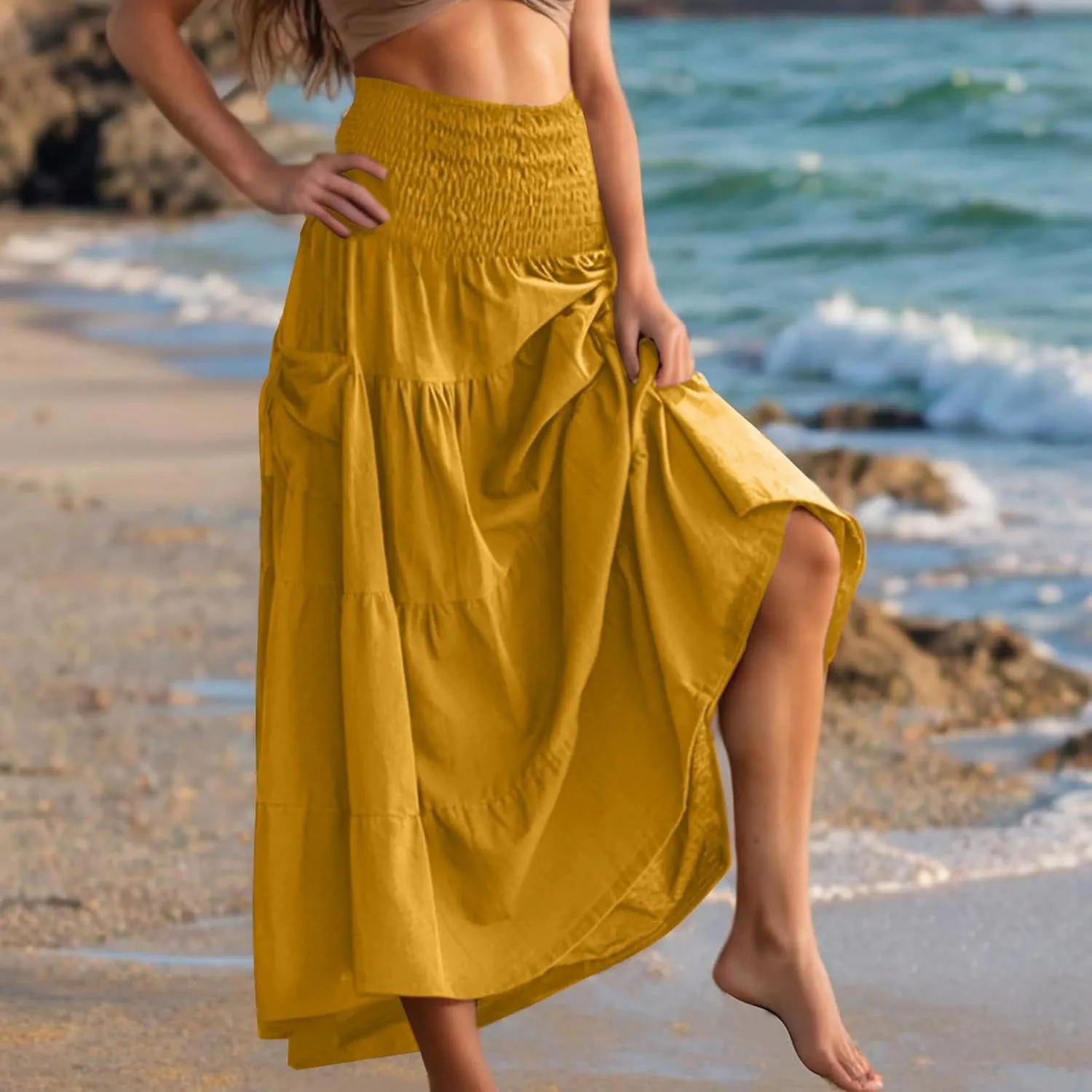 Boho Ruched High Cut Tiered Basic Skorts for Women Rayon Maxi Long Loose Fit Skorts Women 2025 Fashion Y2K