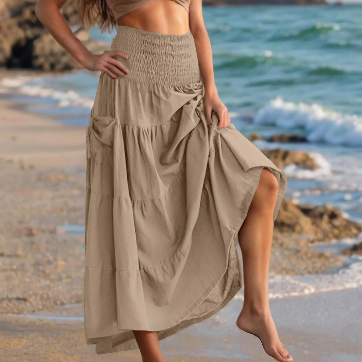 Boho Ruched High Cut Tiered Basic Skorts for Women Rayon Maxi Long Loose Fit Skorts Women 2025 Fashion Y2K