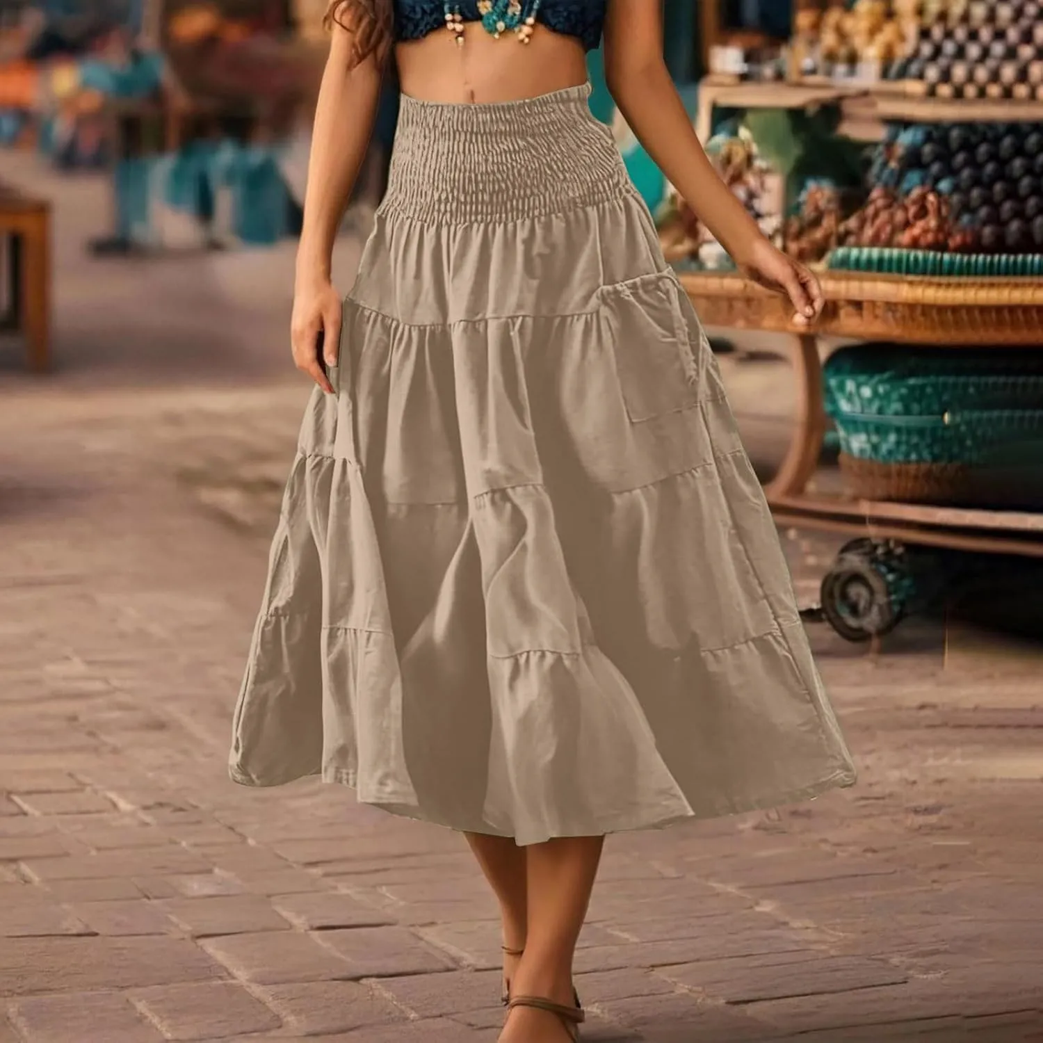 Boho Ruched High Cut Tiered Basic Skorts for Women Rayon Maxi Long Loose Fit Skorts Women 2025 Fashion Y2K