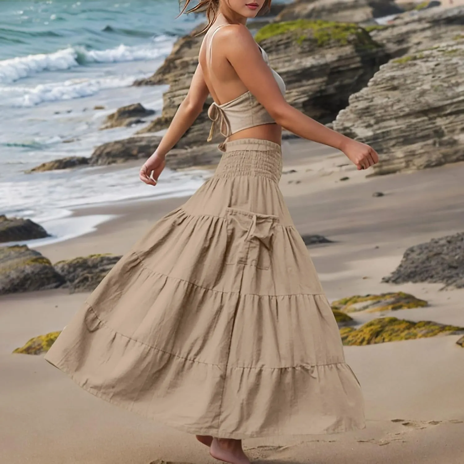 Boho Ruched High Cut Tiered Basic Skorts for Women Rayon Maxi Long Loose Fit Skorts Women 2025 Fashion Y2K
