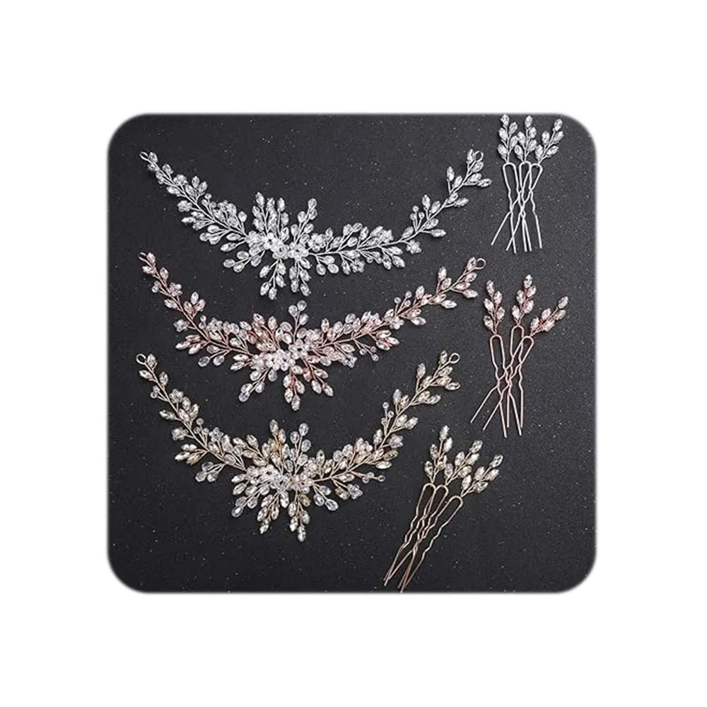 Bride Wedding Crystal Hair Vine Flower Headband Bridal Hair Pieces Wedding Hair Accessories for Women and GirlsWith 3 Hairpins (Silver)