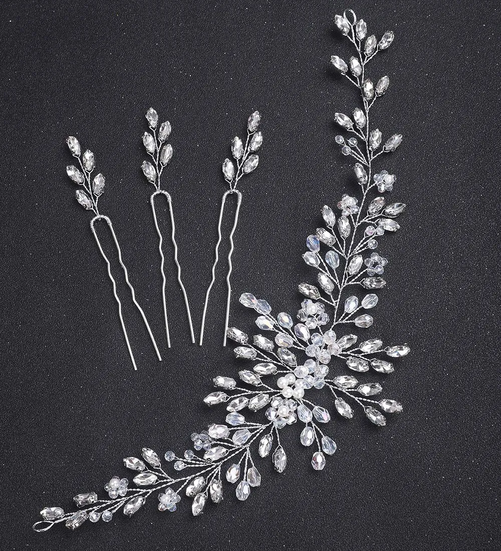 Bride Wedding Crystal Hair Vine Flower Headband Bridal Hair Pieces Wedding Hair Accessories for Women and GirlsWith 3 Hairpins (Silver)