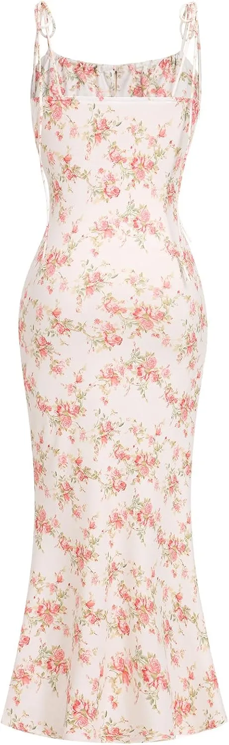 Bustier Dress for Women Boho Floral Corset Casual Sundress Spaghetti Strap Maxi Dress Summer Beach Party Midi Dresses