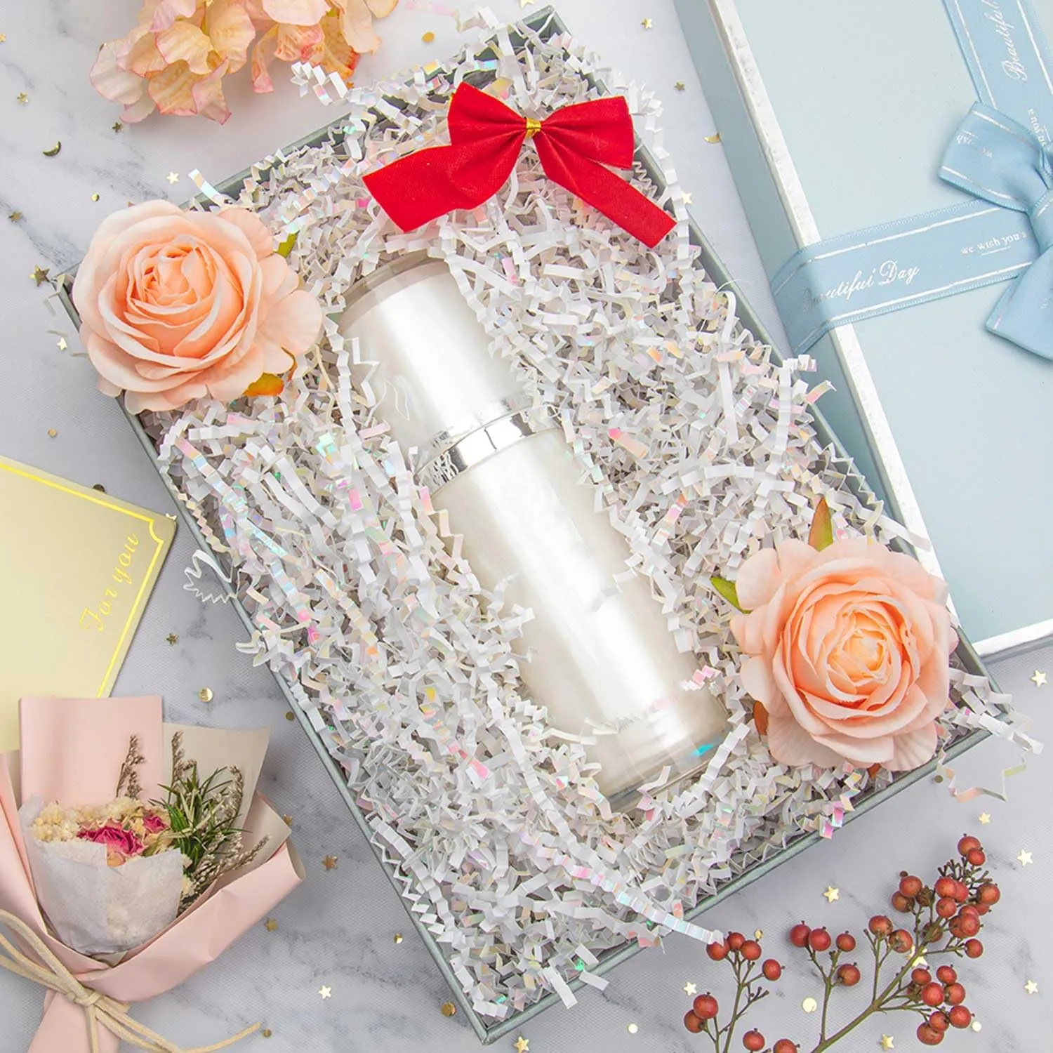 Caleihd Crinkle Cut Paper Grass Cushion Paper Streamer for Christmas Wedding Birthday Bridesmaid Engagement Craft Gift Boxes Bags Filler Decoration 4.5oz Diamond White