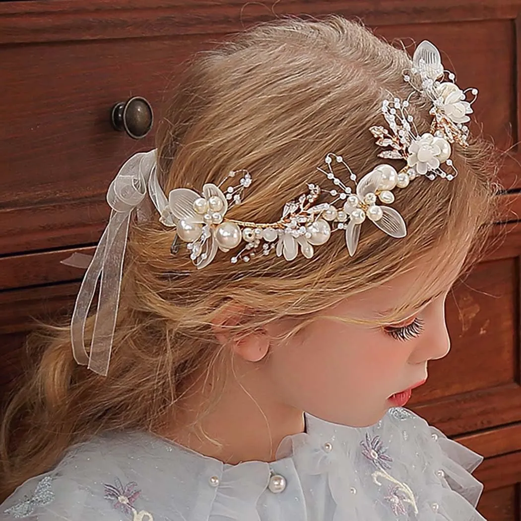 Campsis Flower Girl Headpiece Pearl Rhinestone Floral Headband Crystal Bridal Wedding Hair Accessories for Girls (Gold)