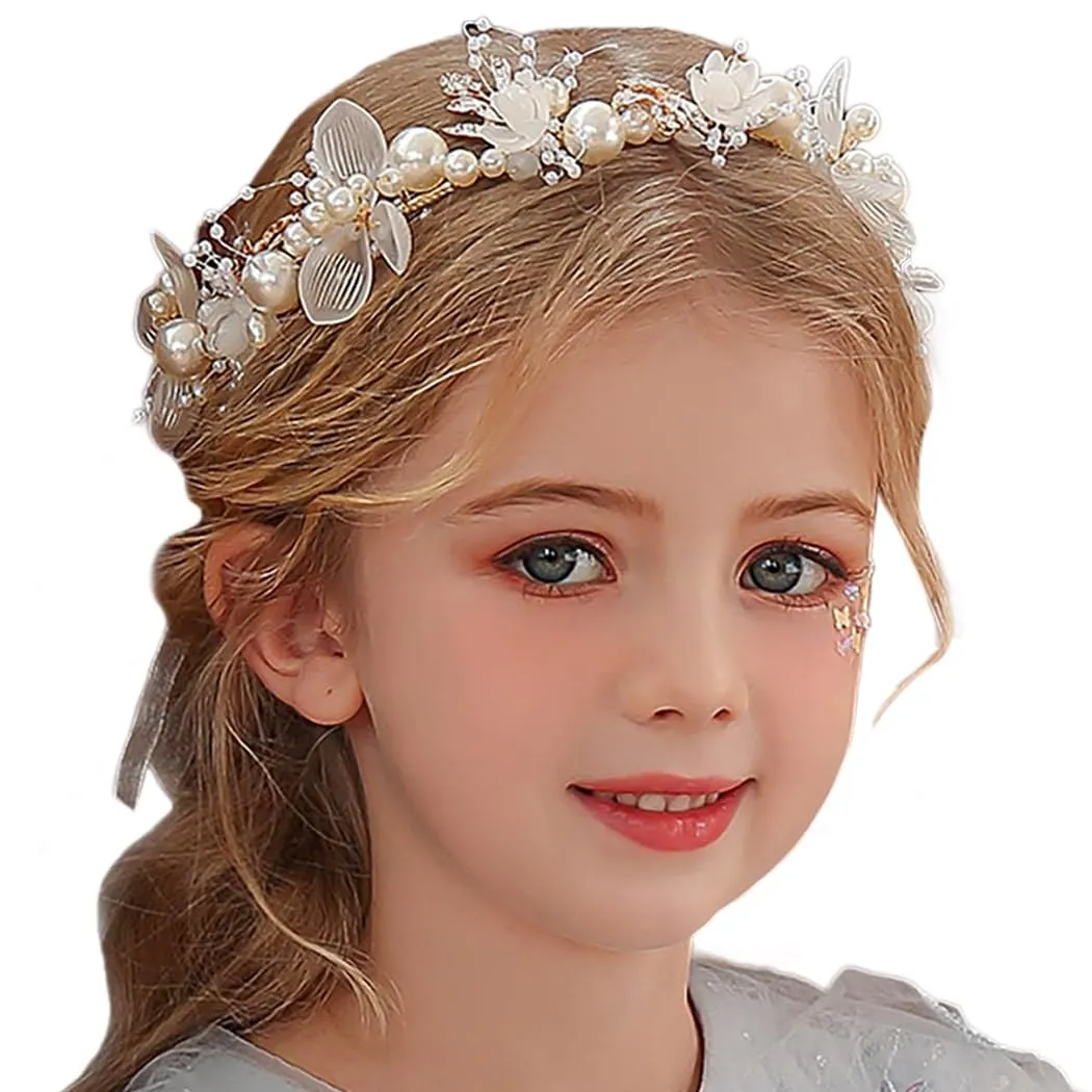 Campsis Flower Girl Headpiece Pearl Rhinestone Floral Headband Crystal Bridal Wedding Hair Accessories for Girls (Gold)