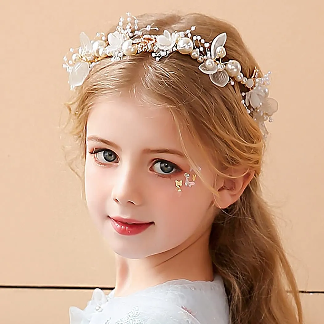 Campsis Flower Girl Headpiece Pearl Rhinestone Floral Headband Crystal Bridal Wedding Hair Accessories for Girls (Gold)