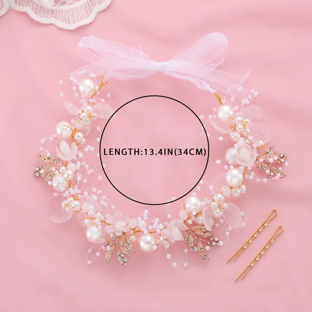 Campsis Flower Girl Headpiece Pearl Rhinestone Floral Headband Crystal Bridal Wedding Hair Accessories for Girls (Gold)