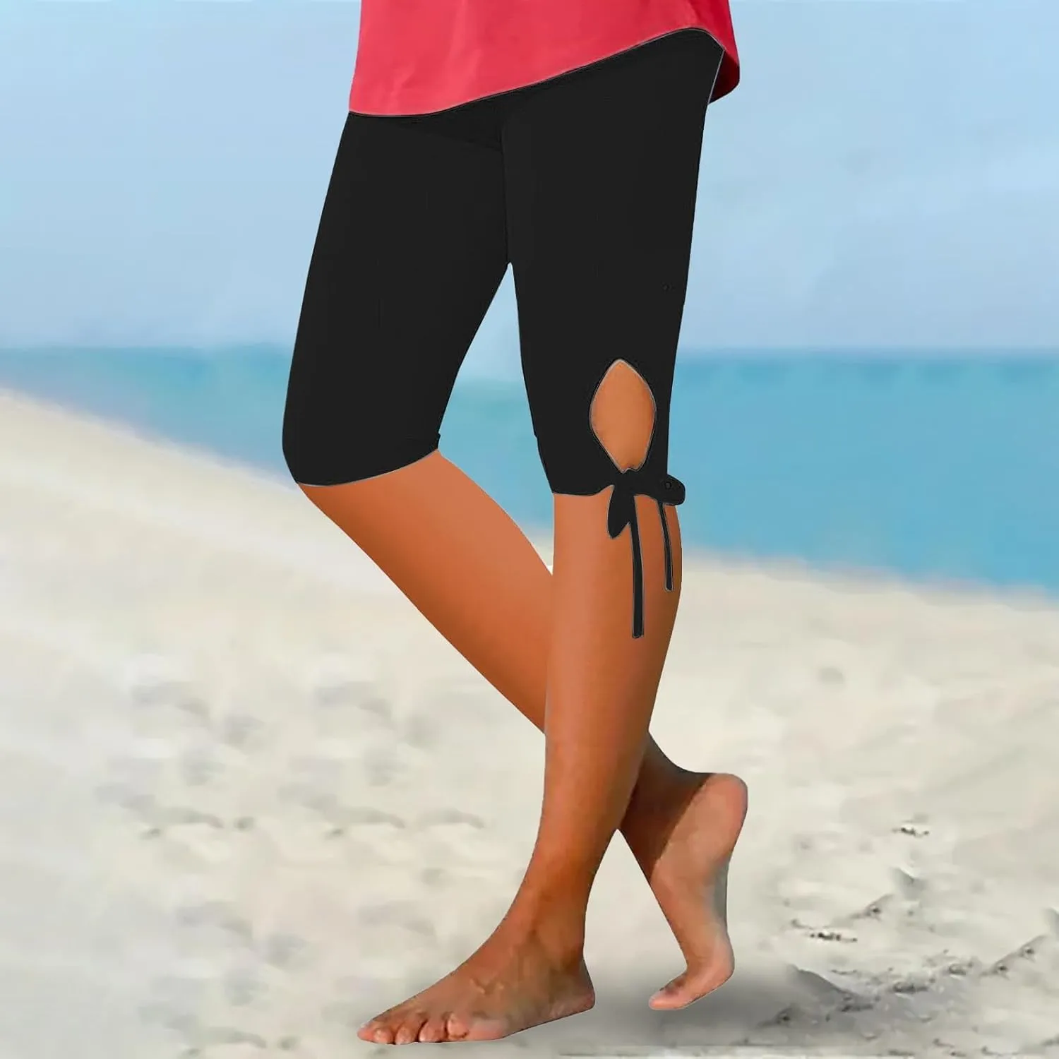 Capri Leggings for Women Fabric Bow Tie Belt Peach Hip Tight Waist High Hip Movement Yoga Shorts Cropped Pants High