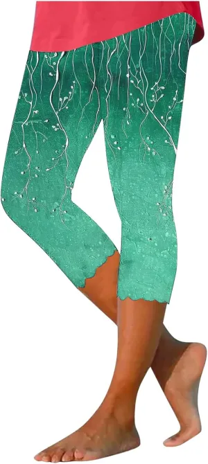 Capri Leggings for Women Floral Print High Waist Capris Pants Tummy Control Knee Length Slim Yoga Cropped Trouser