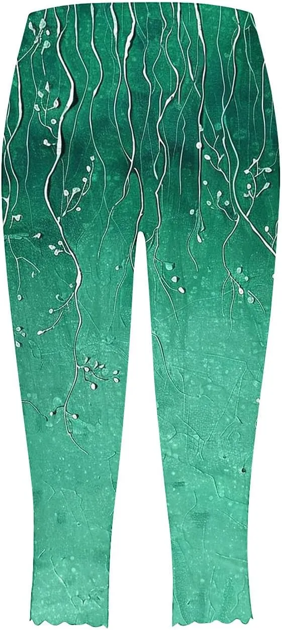 Capri Leggings for Women Floral Print High Waist Capris Pants Tummy Control Knee Length Slim Yoga Cropped Trouser