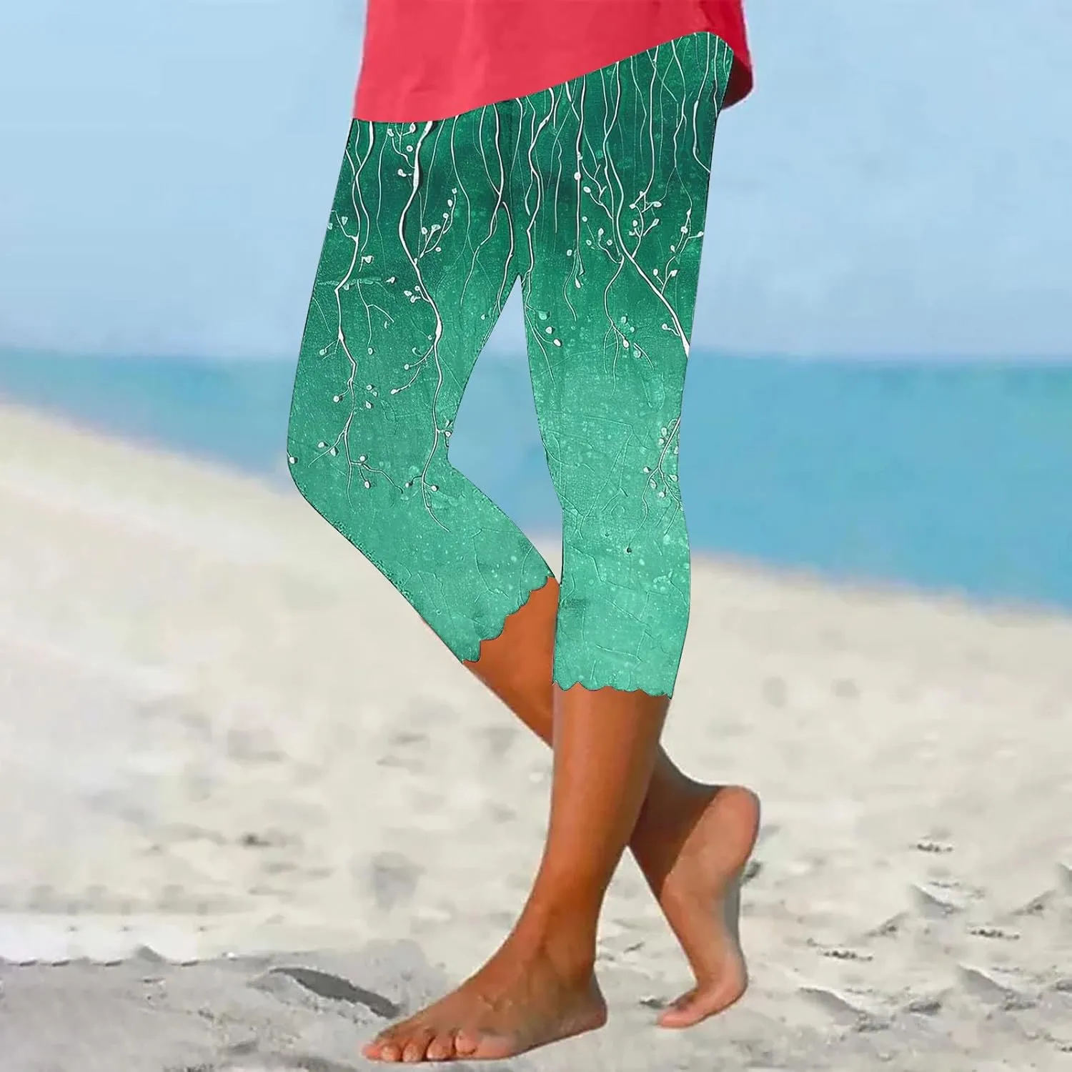 Capri Leggings for Women Floral Print High Waist Capris Pants Tummy Control Knee Length Slim Yoga Cropped Trouser