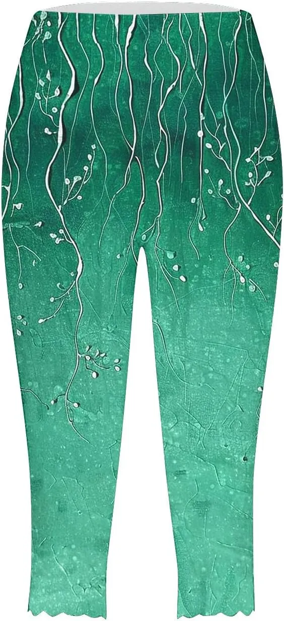 Capri Leggings for Women Floral Print High Waist Capris Pants Tummy Control Knee Length Slim Yoga Cropped Trouser