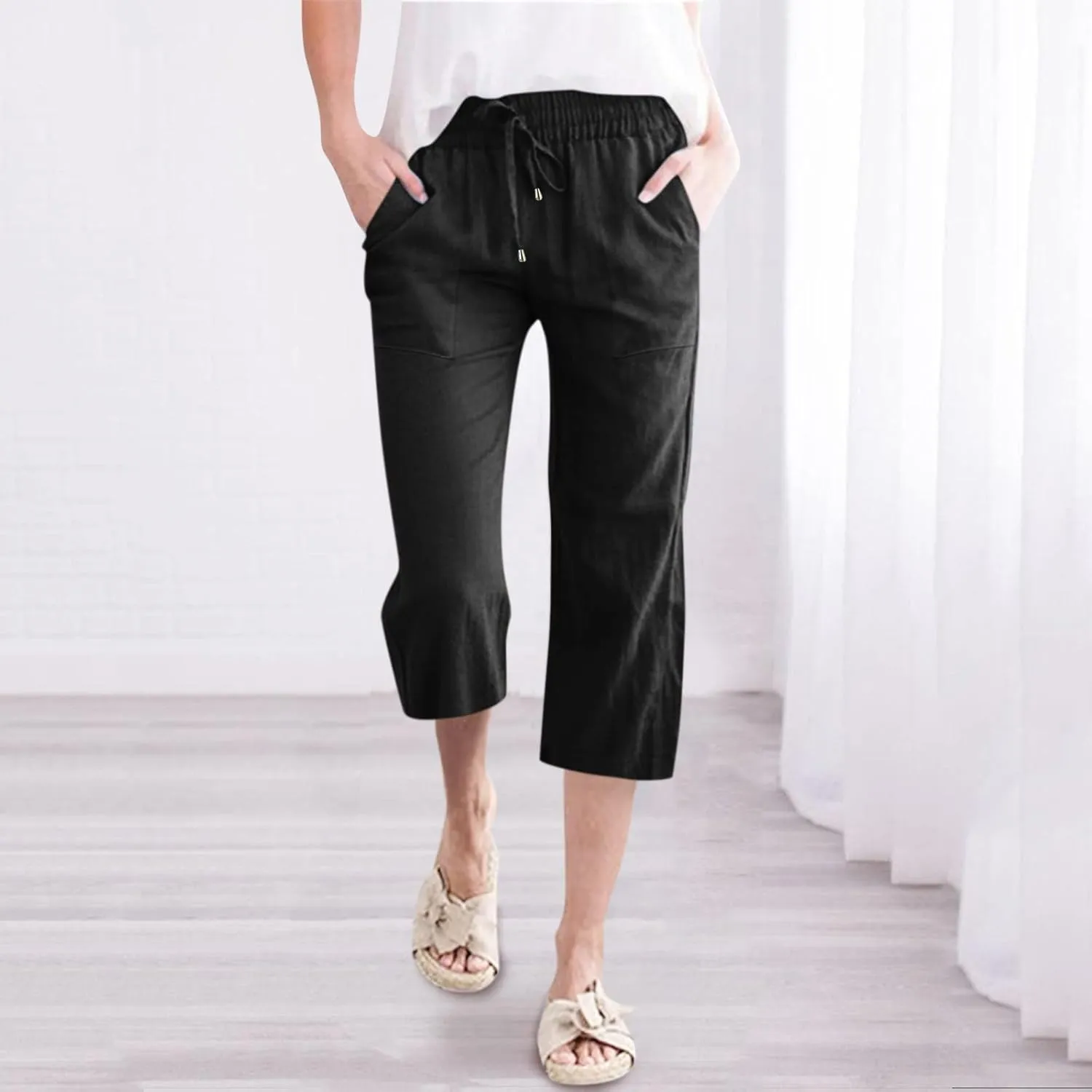 Capri Pants for Women Casual Summer Linen Capris Drawstring Elastic Waist Wide Leg Cropped Trousers