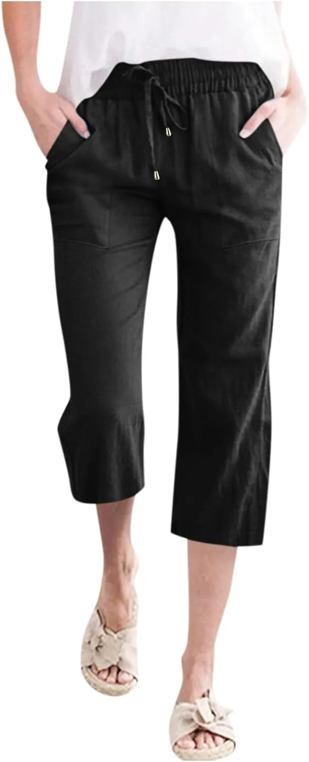 Capri Pants for Women Casual Summer Linen Capris Drawstring Elastic Waist Wide Leg Cropped Trousers