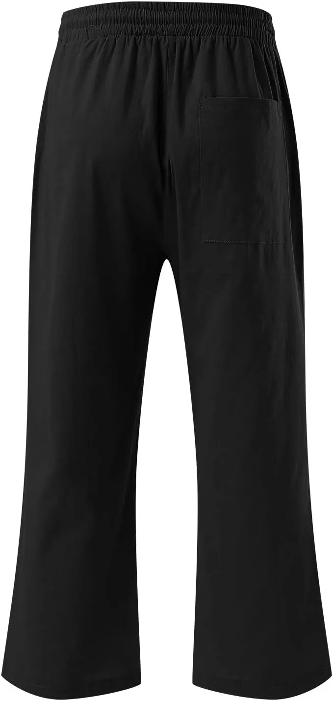 Capri Pants for Women Casual Summer Linen Capris Drawstring Elastic Waist Wide Leg Cropped Trousers
